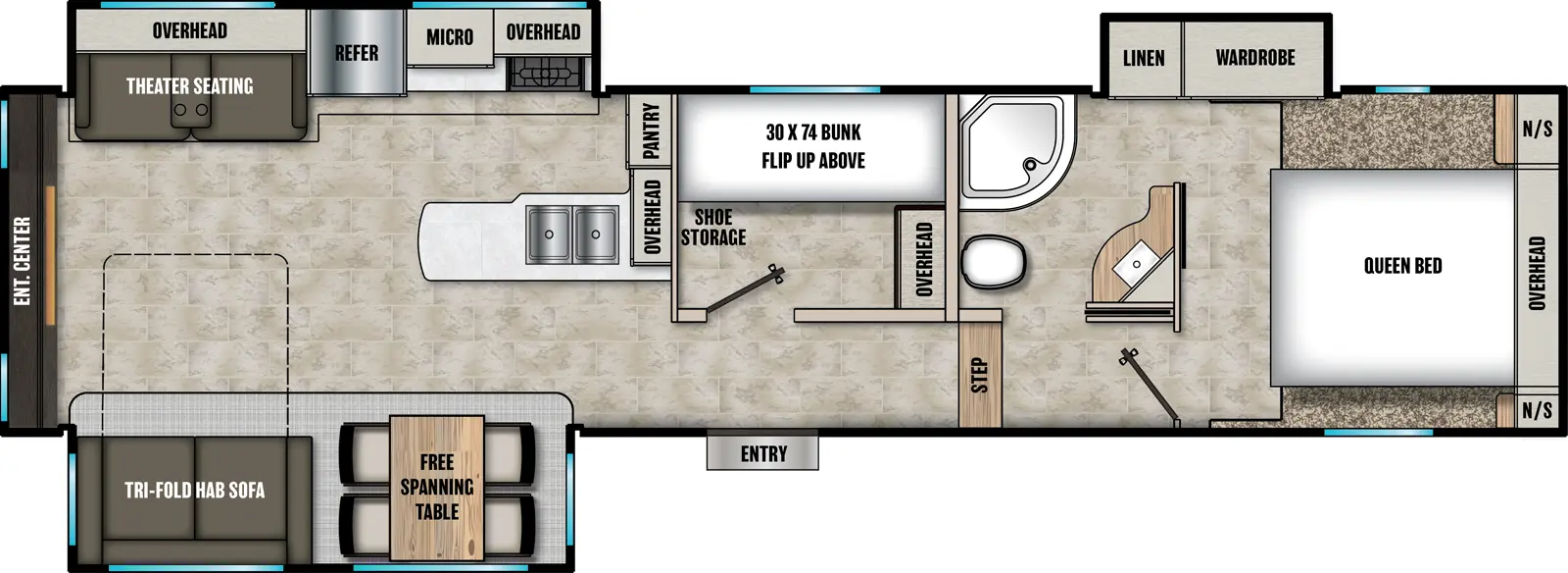 The Phoenix 30BHS floorplan has one entry and three slide outs. Exterior features include: fiberglass exterior and 15' awning. Interiors features include: bunk beds, free-standing dinette option, front bedroom and rear living.